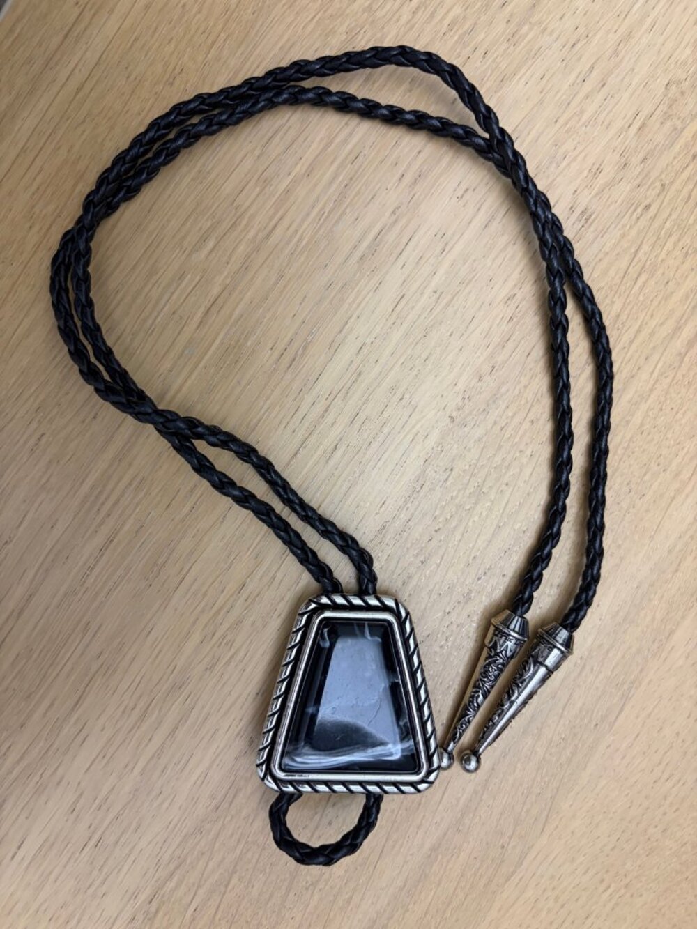 Western Bolo Tie, Black Leather Braided Cord, Silver Tone Slide, Black Stone